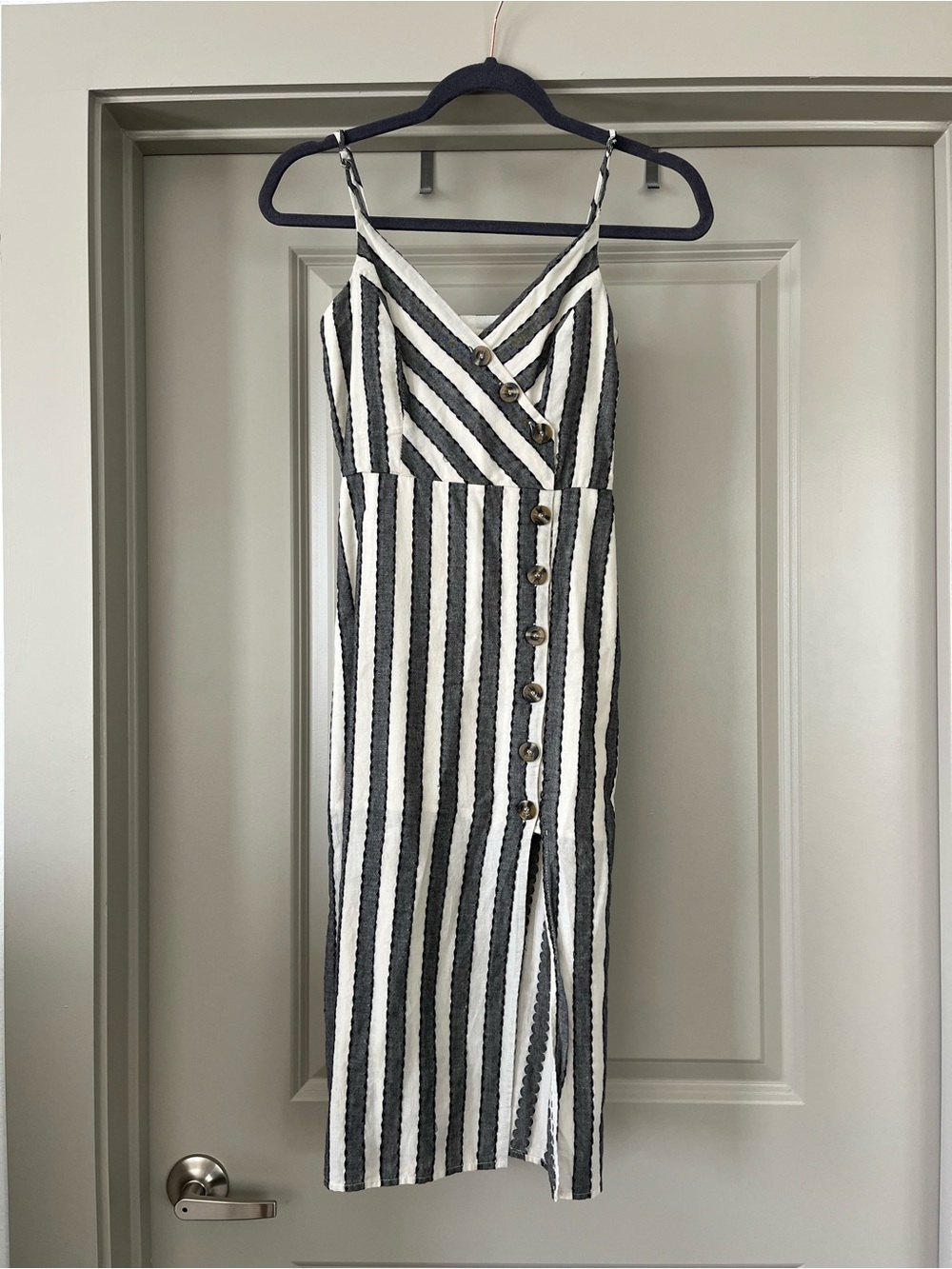 Francesca's Black and White Striped Button Midi Dress